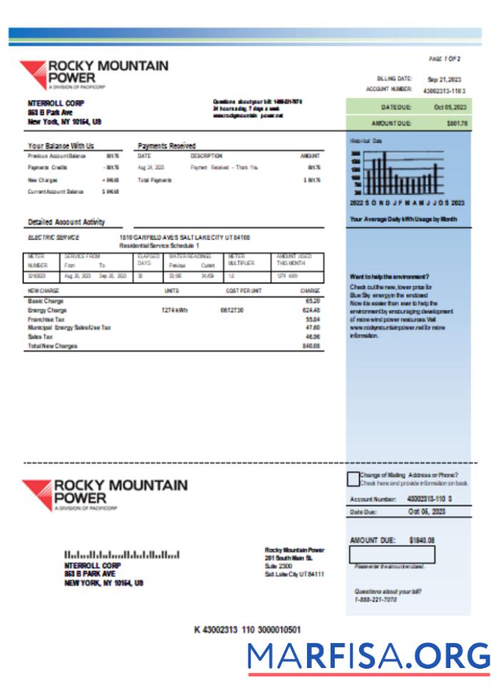 Printable Rocky Mountain Power electricity utility business bill, SCR real example